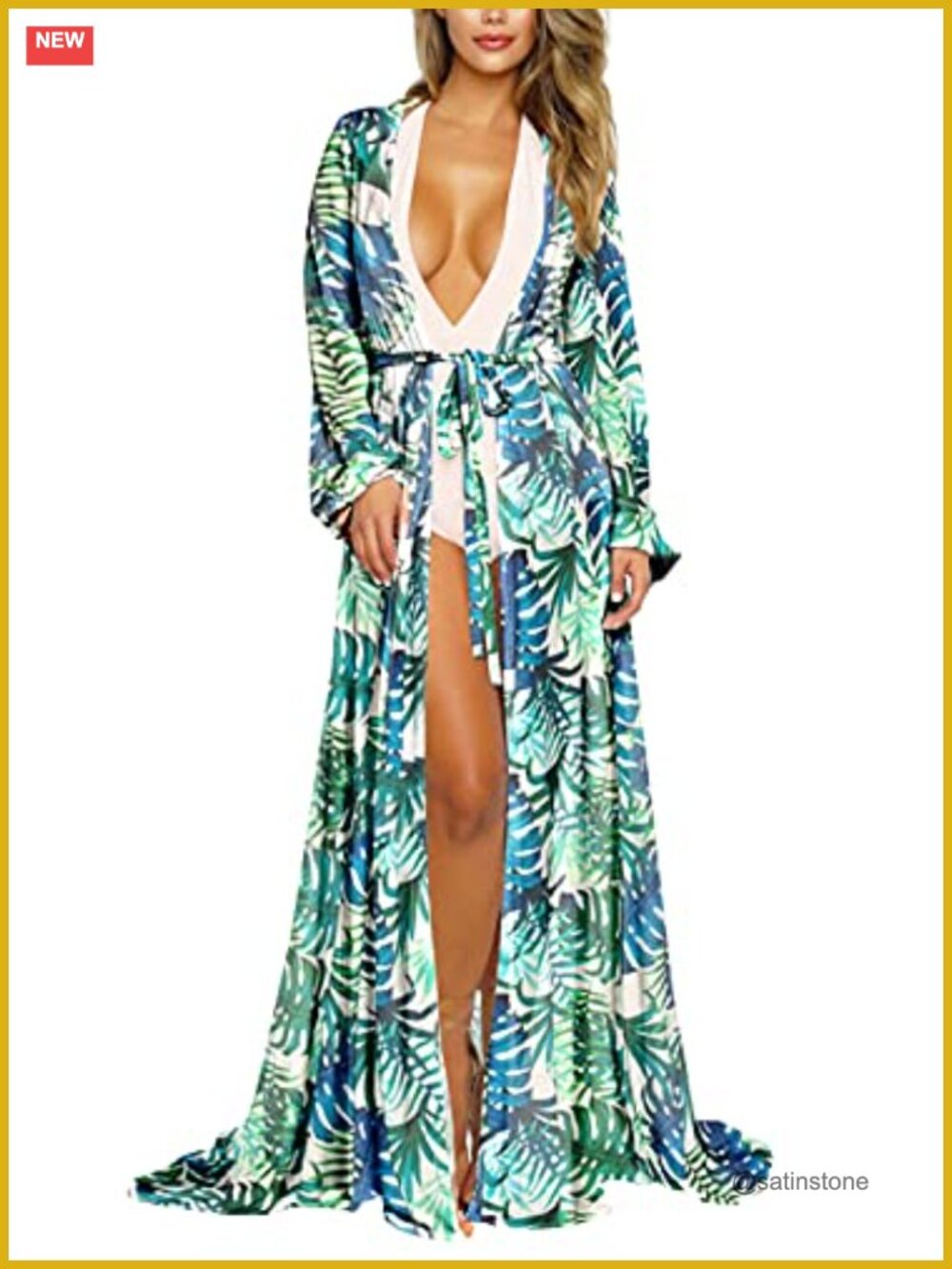 Long Sleeve Maxi Swim Cover Up Tie Front Robe